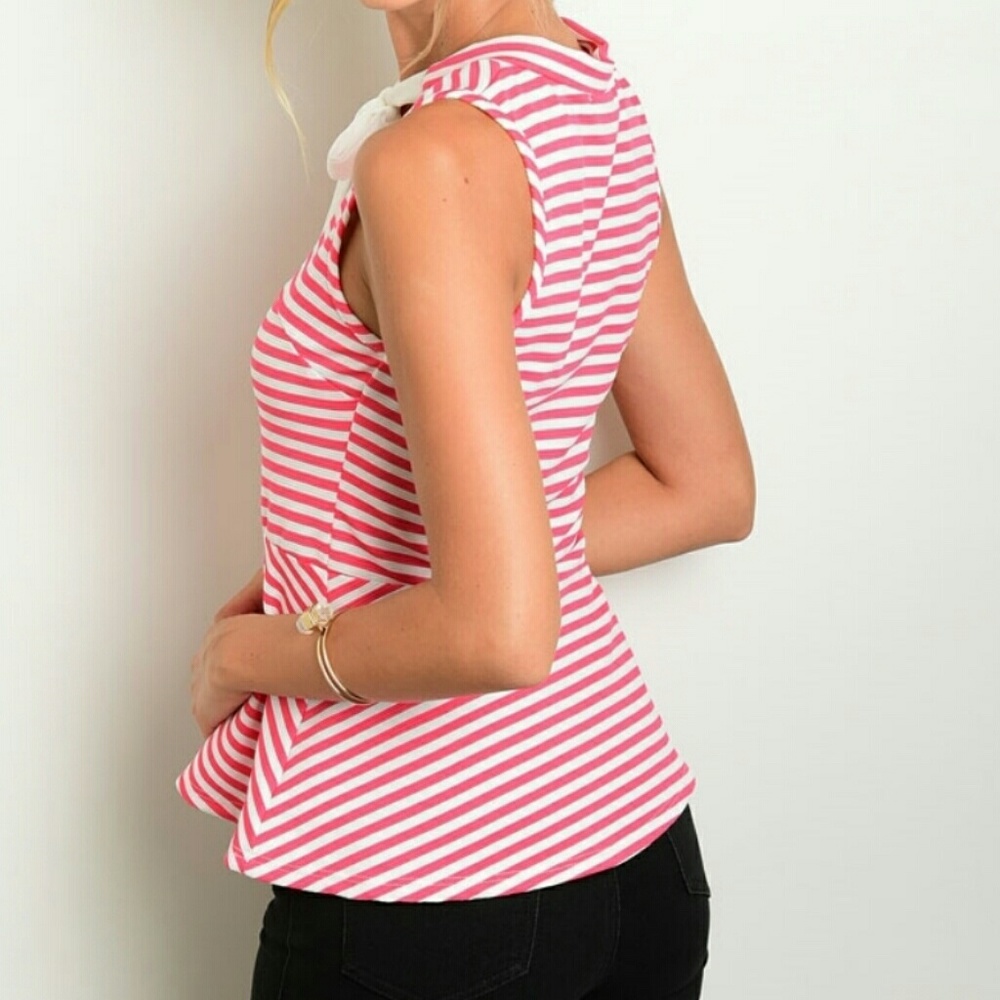 Pink/White Striped Tie Neck Peplum Top - Picture 2 of 3